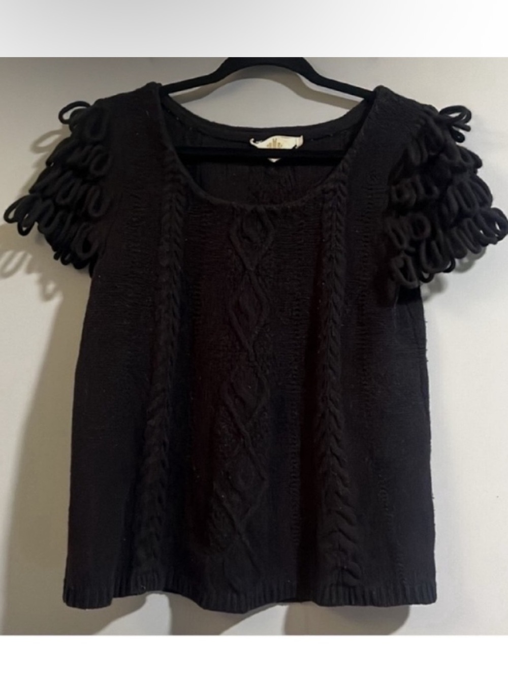Anthropologie Monogram Loop Shoulder Black Short Sleeve Cable Knit Sweater